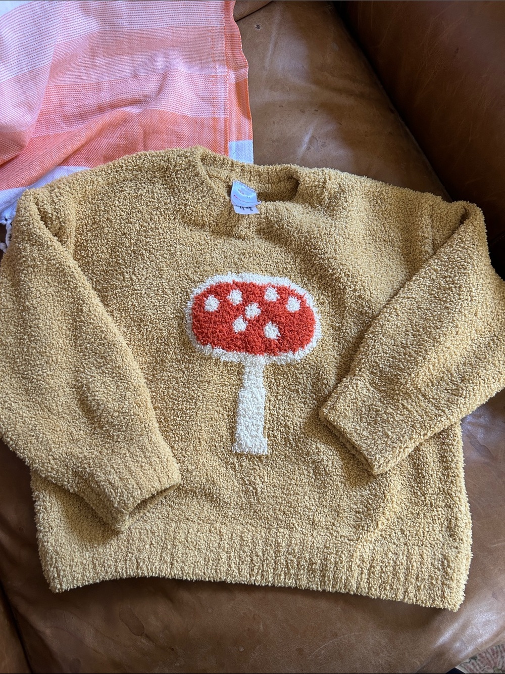 Hanna Andersson Mustard Yellow Mushroom Knit Sweater with Red Accent